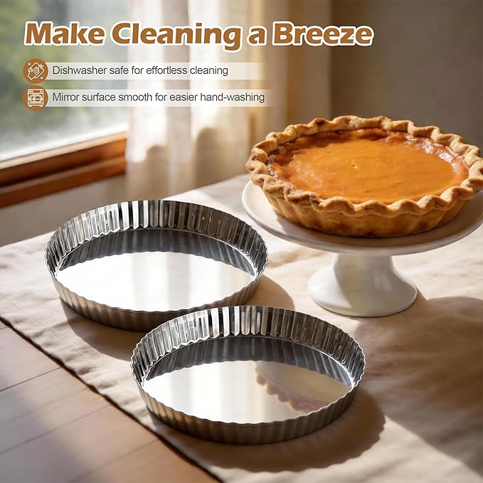 E-far 9.5 Inch Pie Pans, Stainless Steel Pie Baking Dish Tart Quiche Pan for Oven Baking, 2-Piece Round Pie Plate Tins with Fluted Edge & Seamless Bottom, No Leakage and Dishwasher Safe, Mirror Silver