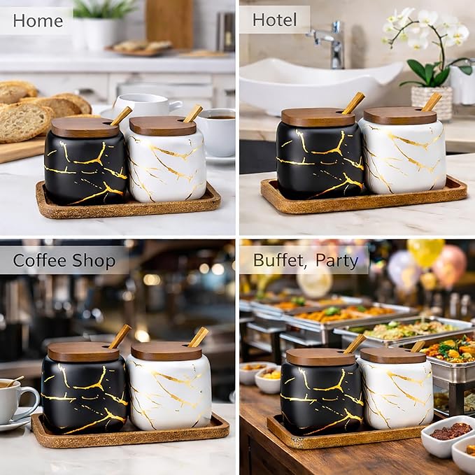 2 Sets of Marble Ceramic Seasoning Jars Ceramic Sugar Bowl with Lids，Tray and Spoons (Black and White)
