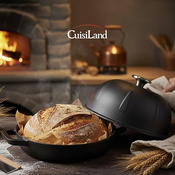 Cuisiland Pre-seasoned Heavy Duty Cast Iron Bread Cloche – Dome Lid Dutch Oven for Artisan Sourdough Baking – Heat-Retaining, Bakeware for Crispy Crust & Even Baking – Oven Safe (Black)