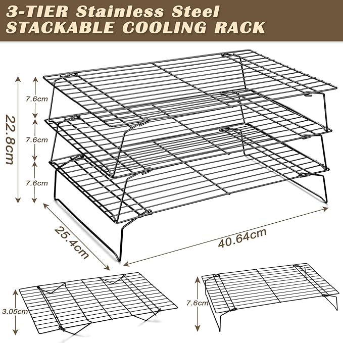 Pleafind 3 Pieces Stackable Cooling Rack Set, 16 x 10 Inch Stainless Steal Roasting Rack, Cooling Racks for Cooking, Baking, Roasting, Grilling, Oven and Dishwasher Safe