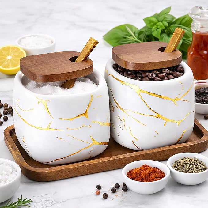 2 Sets of Marble Ceramic Seasoning Jars Ceramic Sugar Bowl with Lids，Tray and Spoons (white)