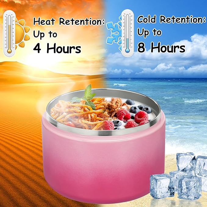 12oz Insulated Vacuum Food Jar with Buckle Lid Wide Mouth Soup Thermo for Hot Food Kids Leakproof Stainless Steel Lunch Container (Gradient Pink, 12OZ)
