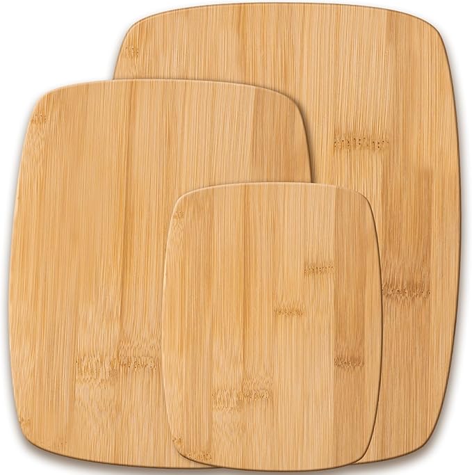 3-Piece Reversible Bamboo Cutting Board Set for Kitchen - Wooden Chopping Boards and Charcuterie Serving Boards for Cheese Meat Bread Fruit and Meal Prep, Knife Friendly Food Grade Bamboo by Bambüsi