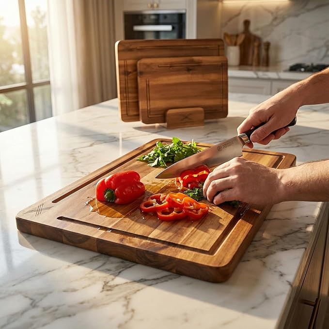 Acacia Wood Cutting Board Set of 3 with Stand - Thick Wooden Chopping Boards with Deep Juice Grooves - Non-Slip & Durable Wooden Boards for Meat & Vegetables (16x12, 14x10, 12x8) - Natural