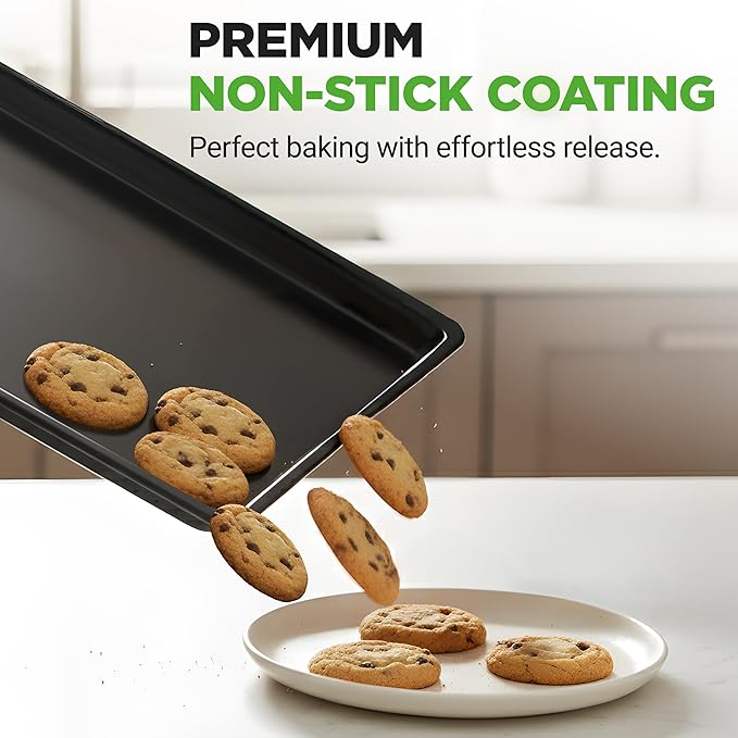 NutriChef 2-Piece XL Mega Cookie Sheet Baking Pans Set - 22" x 16" Extra Large Nonstick Carbon Steel Oven Baking Tray Pans, Stackable Bakeware, Black - NCLGBP16
