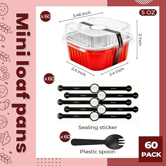 60 Pack Mini Cake Pans with Lids Foil Pans Square Aluminum Pans with Lids Cupcake Liners for Birthday Wedding Party Gift (Red, 5 oz)