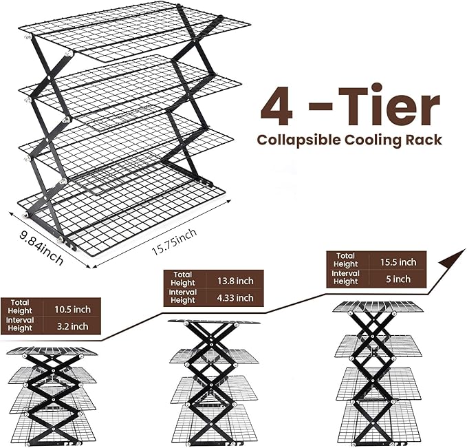 2/3/4-Tier collapsible cooling rack for baking,Folding Cooling Grid,Adjustable Stackable Roasting Cooking Drying Wire Cooling Rack for Cookies Baking