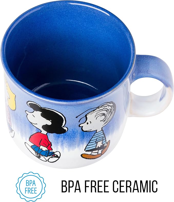 Silver Buffalo Peanuts Reactive Glaze Ceramic Camper Mug Featuring Charlie Brown, Lucy, Sally, Woodstock, and Linus, 20 Ounces