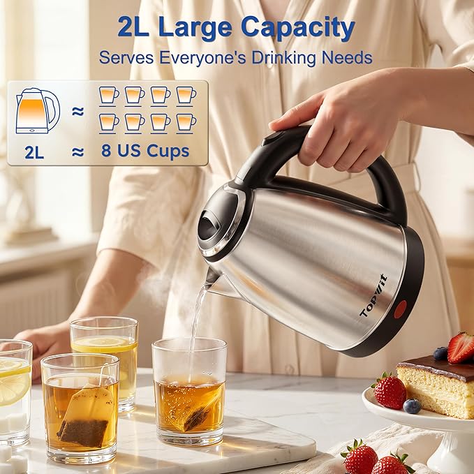 TOPWIT Electric Kettle, 2.0L Hot Water Kettle Electric, BPA-Free Stainless Steel Tea Kettle, Electric Kettles for Boiling Water with Fast Boil, Auto Shut-Off & Boil Dry Protection, Silver