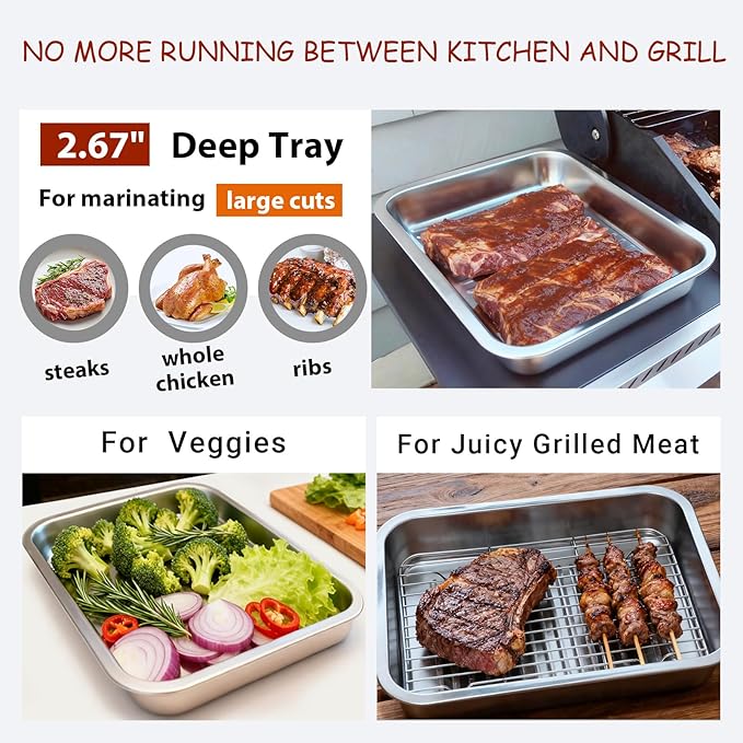 Stainless Steel Grill Prep with Lids –Serve Tray Grill Carry System for Large Food Prep, Marinating Containers, Oven Roasting, and Serving