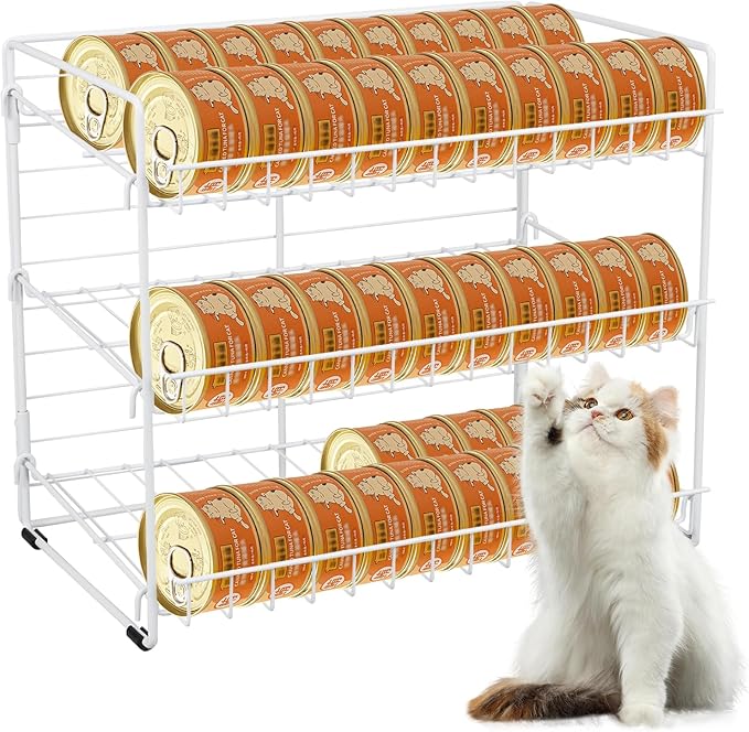 Cat Food Organizer, 3-Tier Stackable Iron Shelf for 45 Cans (3oz) - Pet Food Dispenser, Kitchen Pantry Storage Rack Cabinet, Canned Cat Organizer for Home & Shop