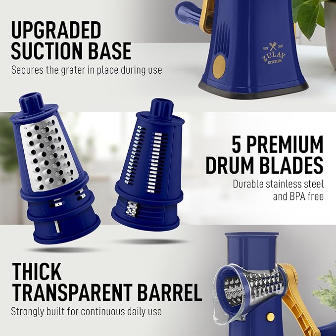 Zulay Kitchen Rotary Cheese Grater 5 Blade Cheese Shredder - Manual Hand Crank Cheese Grater With Reinforced Suction & 5 Interchangeable Drums - Easy to Use, Vegetable Chopper Round Mandoline Slicer