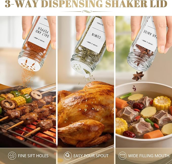 ZEHIQ 12Pcs Glass Spice Jars with Acacia Wood Lids, 4 oz Square Seasoning Containers with Labels, Seasoning Jars with Shaker Lids, Chalk Pen, Funnel, Cleaning Brush, Spice Bottles for Cabinet, Drawer