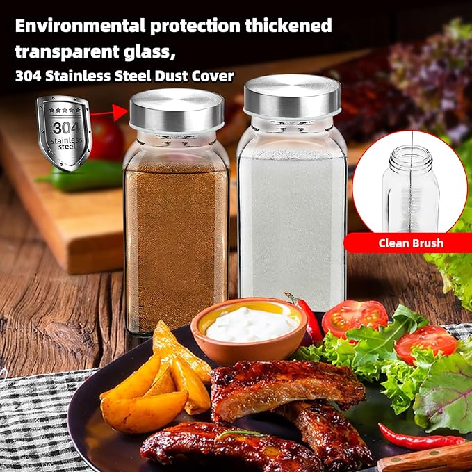2Pcs 6oz Glass Spice Jars 304 Stainless steel Lids with Shaker Lids, Spice Jars Trial Set & Supplement Set, Empty Spice Containers and Square Spice Bottles for Kitchen (2)
