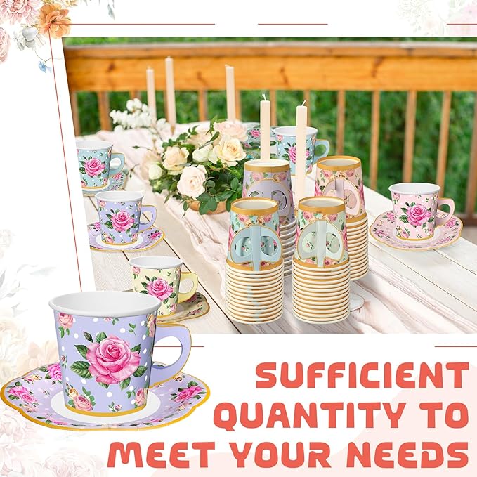 Umigy 60 Sets Spring Tea Party Decorations 6.5 oz Floral Paper Teacups & Saucer Set for Girls Women Afternoon Tea Parties Mothers Day Bridal Shower Wedding Birthday Party Decorations(Mixed Color)