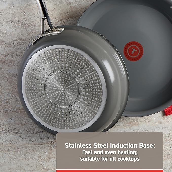 T-fal Ceramic Non-Stick Induction, 10.5 and 12 Inch 2 piece Frypan Set, Stone Grey