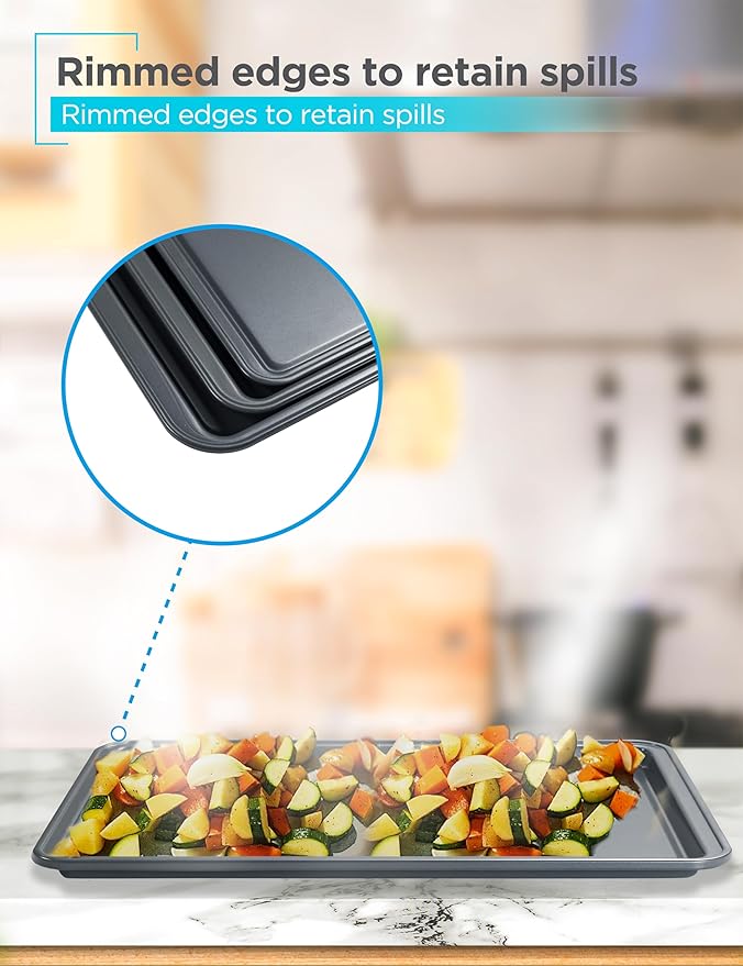BLACK+DECKER 3-Piece Carbon Steel Baking Sheet Set, Includes 13”, 15”, 17” Cookie Sheets for Baking, 0.4mm Carbon Steel Baking Pans Set with Ceramic Non-Stick Coating, PFOA & PTFE Free, Black Finish