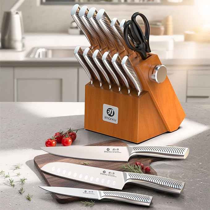 imarku Knife Set, 14 Piece Premium Japanese High-Carbon Stainless Steel Knife Block Set, Ultra-Sharp Kitchen Knife Set with Sharpener, Ideal Home Cooking Gift for Women
