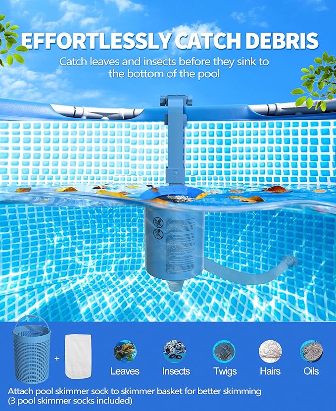 Upgrade Above Ground Pool Skimmer Comes with 3 Socks, Anti-tilt Wall Mount Surface Skimmer, Removable Skimmer Basket, Adjustable Height Bracket, Auto Skimming Pool Surface Leaves - Blue
