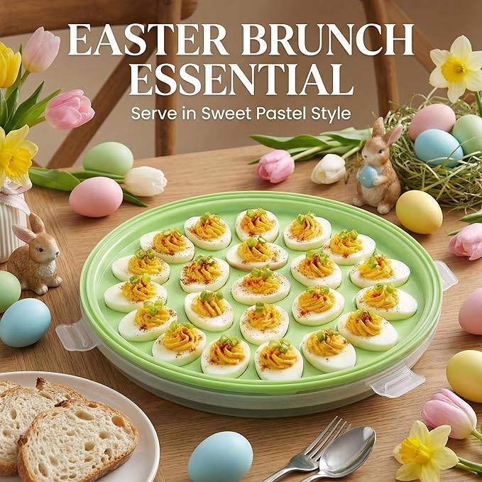 HANSGO Deviled Egg Containers with Lid, Deviled Egg Platter Carrier Holder Trays with 22 Slots for Holiday Party and Home Kitchen, Green