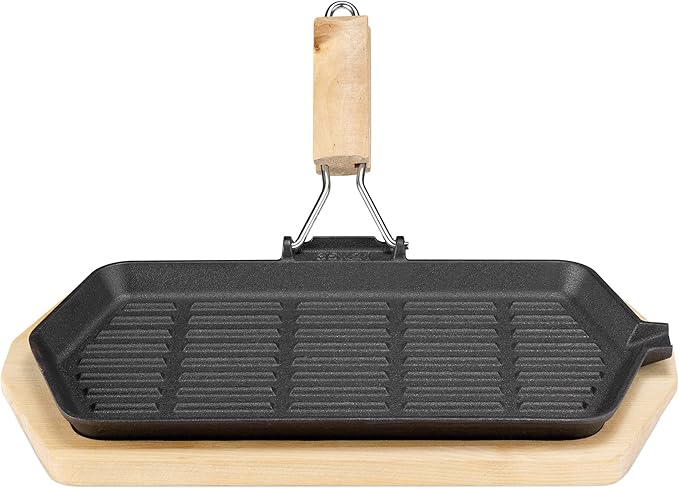 Navaris Sizzling Cast Iron Skillet Set - Fajita Grill Pan with Removable Handle for Fajitas, Steak, Sizzler Dishes 13.4" x 8" - Includes Wood Trivet