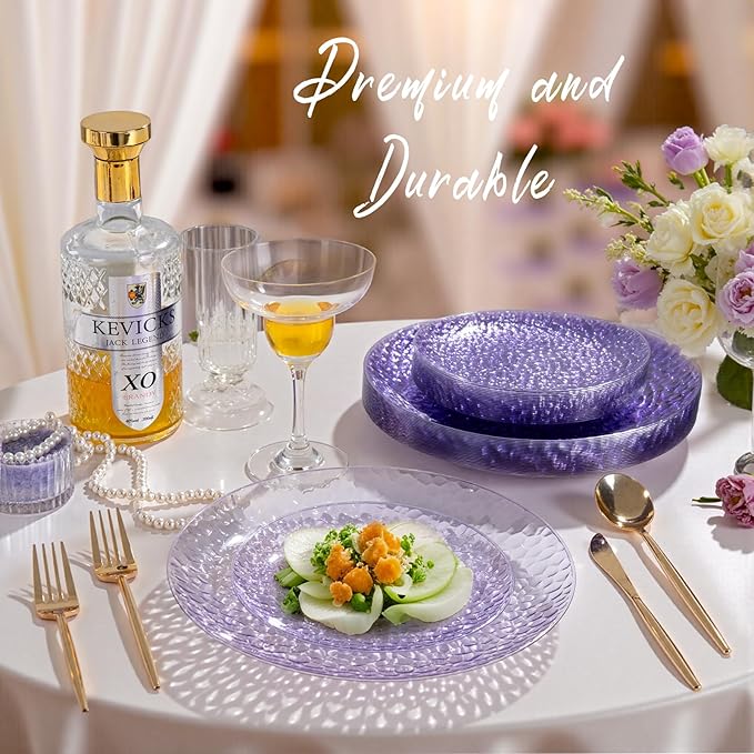 Rubtlamp 60PCS Purple Plastic Plates, Purple Disposable Party Plates, Heavy Duty Plastic With Hammered, Fancy Disposable Platos Include 30 Dinner Plate, 30 Cake Plate For Parties Wedding