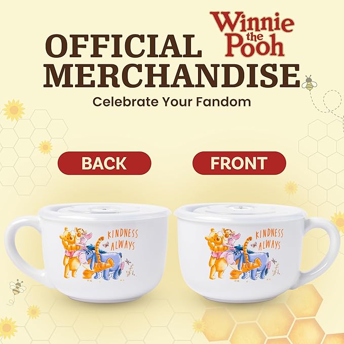 Silver Buffalo Disney Winnie the Pooh Kindness Always Featuring Eeyore, Tigger, and Piglet Ceramic Soup Mug with Vented Plastic Lid, 24 Ounces