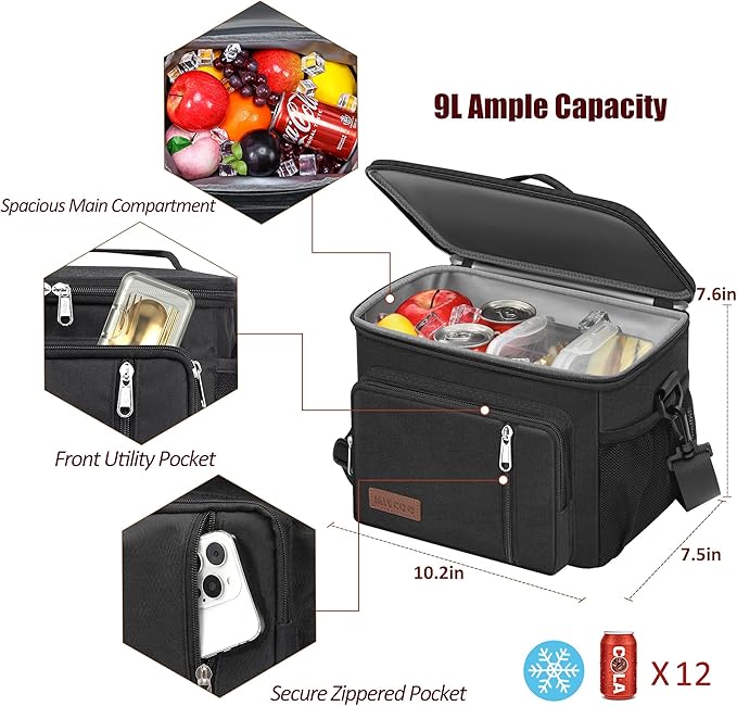 MIYCOO Lunch Box Lunch Bag for Men Women - Insulated LunchBox Leakproof Cooler Tote, Reusable Soft Bag with Shoulder Strap for Work, Picnic, Beach & Travel, 12-Can (9L) -Black