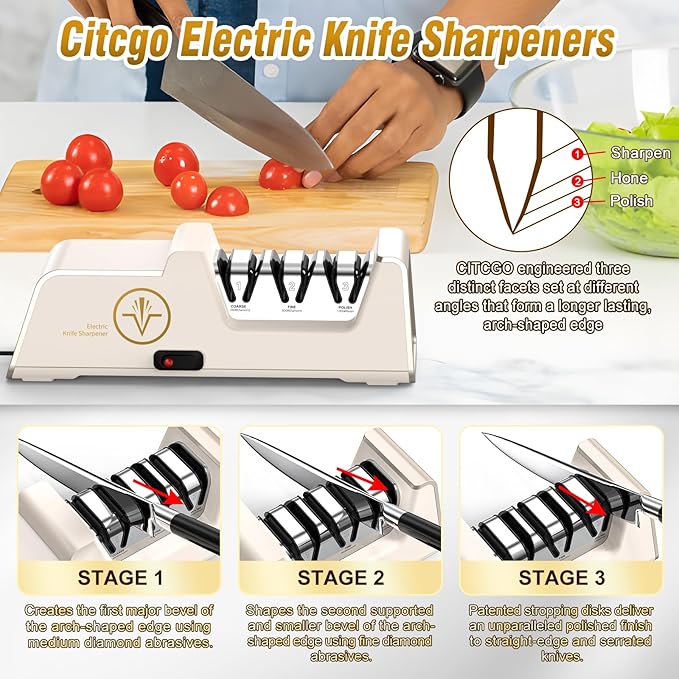 Professional Electric Knife Sharpener with 100% Diamond Abrasives, 3-Stage Precision Angle Guides, Champagne Gold, for Kitchen Straight Edge and Ceramic Knives