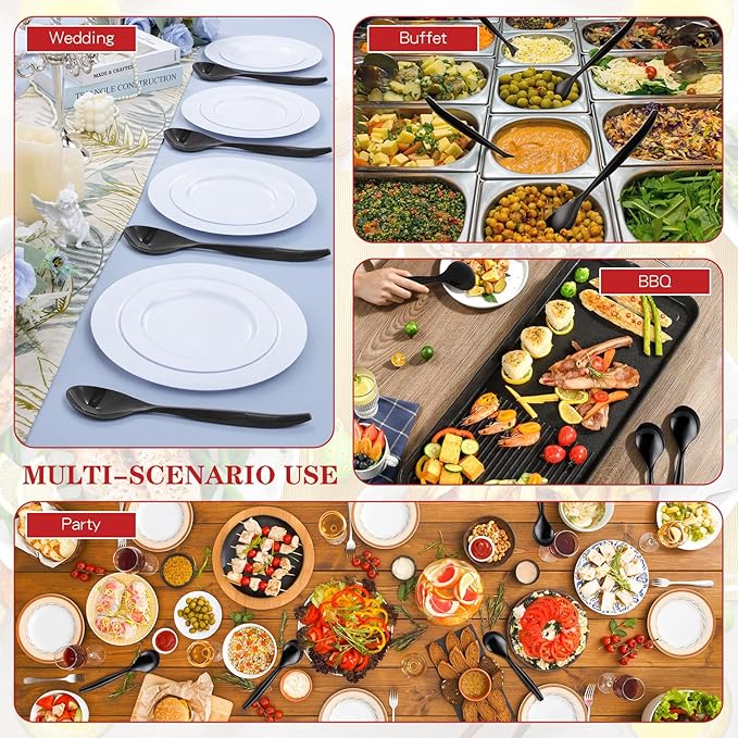 Mwellewm 10" Serving Spoons Plastic Serving Utensils 24 Packs Disposable Spoons for Buffet Large Heavy Duty Black Plastic Soup Spoons Catering Supplies for Parties Weddings Gatherings Holiday