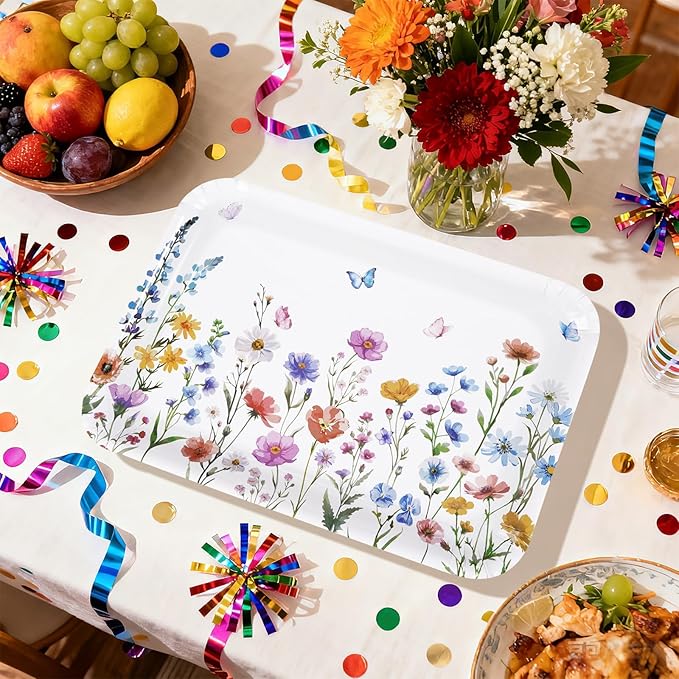 50Pcs Wildflower Serving Tray 10" X 14" Large Spring Floral Paper Platters Disposable Snack Serving Platter Heavy Duty Flower Butterfly Party Trays for Spring Wedding Birthday Party Decorations