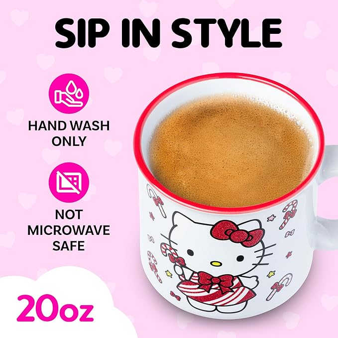 Silver Buffalo Sanrio Hello Kitty Christmas Candy Canes Glitter Ceramic Camper Mug, 20 Ounces