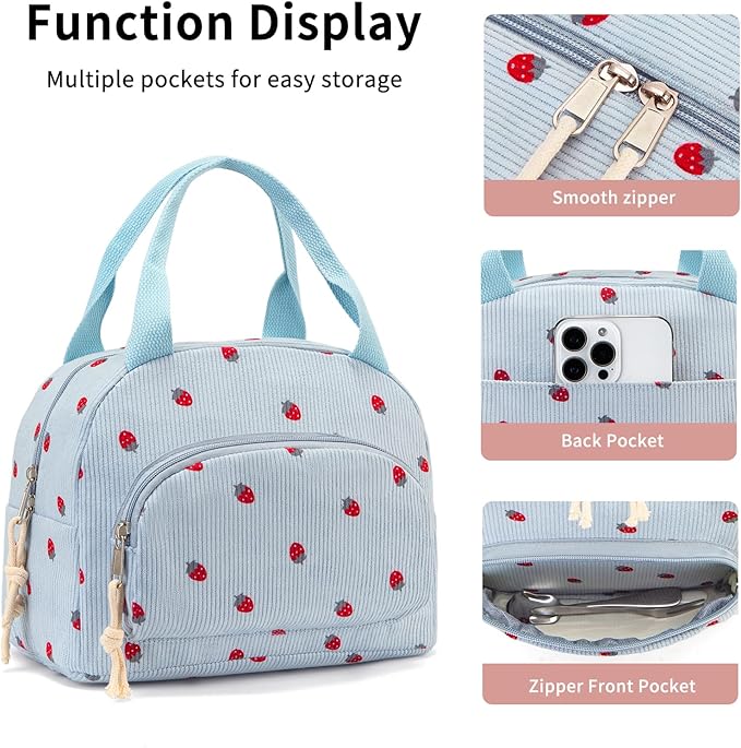 Lunch Bag Women Lunch Box for Women Adult Cute Insulated Lunch Bag Small Cooler Lunch Tote Bags for Work Picnic School (Blue-Strawberry)
