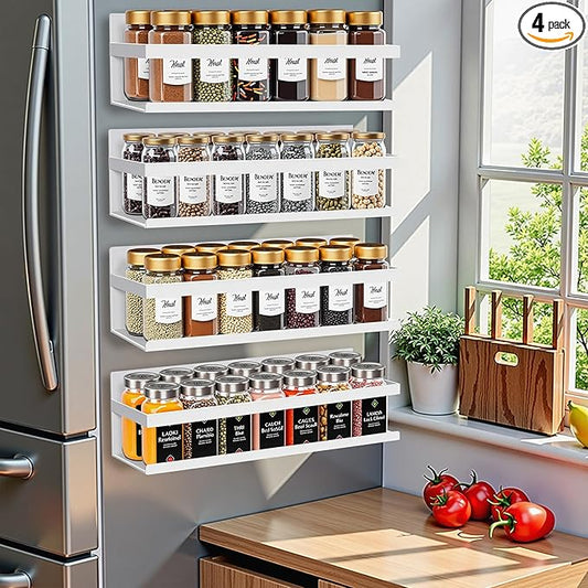 Magnetic Spice Rack for Refrigerator Seasoning Organizer for Spice Fridge Shelf storage Magnetic Shelf with Hook for Oven(6pack) (4Pack-Cut out-white)