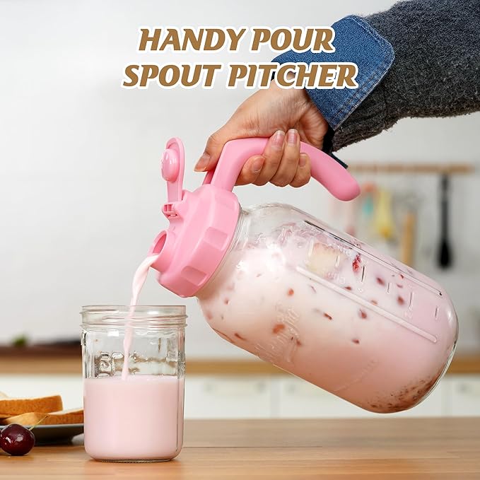 Soligt Glass Mason Jar Pitcher with Lid, Wide Mouth Flip Cap Pour Spout Leak-proof Lid with Handle, 64 oz (2 Quart / 1.9 Liter), for Iced Coffee/Sun Tea Juice/Cold Brew Coffee/Milk (1Pack, Taffy Pink)