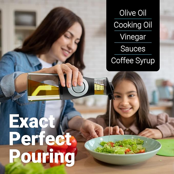 Belwares Oil and Vinegar Dispenser Set with Measuring Cup - 2 Glass Olive Oil Dispenser Bottles for Kitchen - Cooking Oil Bottle Set, Drip-Free Cruets for Salad Dressing, BPA-Free, Dishwasher Safe