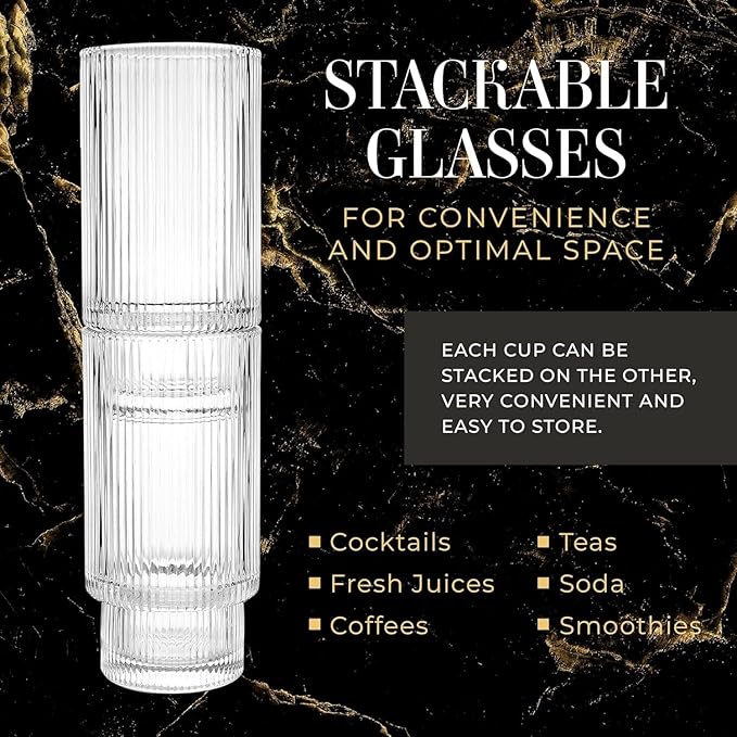 Ribbed Drinking Glasses - Ribbed Glass Cups 12 oz - Ribbed Glassware Set of 12 - Textured Vintage Retro Ripple Aesthetic Glass Ware for Whiskey Cocktail Beer Water, Coffee Bar Accessories