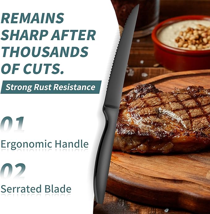 SuperCook Black Steak Knives of 12, High End Stainless Steel Steak Knives Set of 12, Dishwasher Safe Steak Knive, Serrated