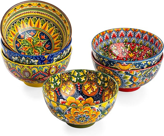 Henten Home Ceramic Dessert Bowls Set of 6, Bohemia 10 oz Snack Serving Bowl, Porcelain Colorful Bowls for Snack, Soup, Ice Cream, Decorative, Microwave & Dishwasher Safe