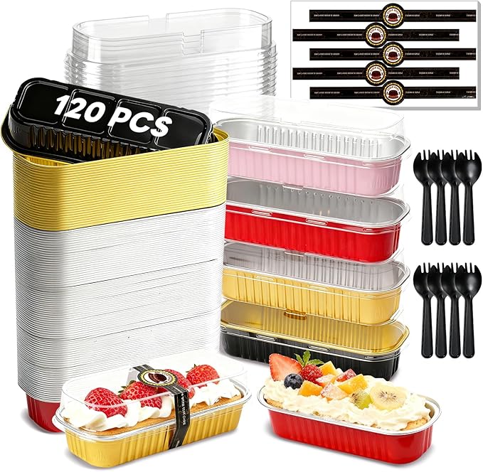 120 Pack Mini Loaf Pans with Lids and Spoons, 4-Color Assorted Aluminum Foil Baking Cake Tins (Black, Pink, Red, Yellow) - 6.8oz Disposable Mini Cake Pans for Baking, Gifting & Parties