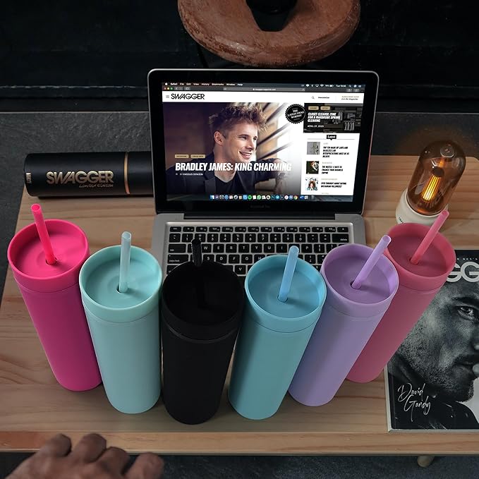 sweet grain Multicolor Skinny Tumblers with Lids and Straws(6 Pack) - 16oz Matte Pastel Colored Skinny Acrylic Tumblers, Double Wall Plastic Tall Skinny Tumblers Bulk for Cold Hot Drinks