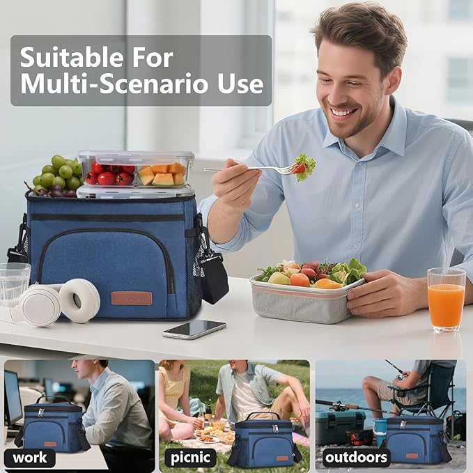 ExtraCharm Insulated Lunch Bag for Women/Men - Reusable Lunch Box for Office Picnic Hiking Beach - Leakproof Cooler Tote Bag Organizer with Adjustable Shoulder Strap for Adults - Blue