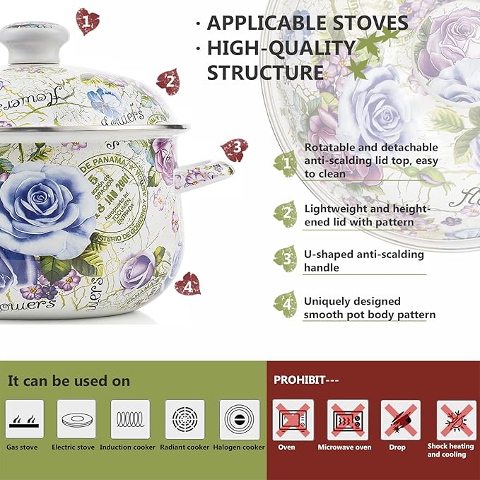 Retro Flower Enamel Stockpot with Lid,Stockpots for Cooking,Retro Classic Design(5L-Blue Rose)