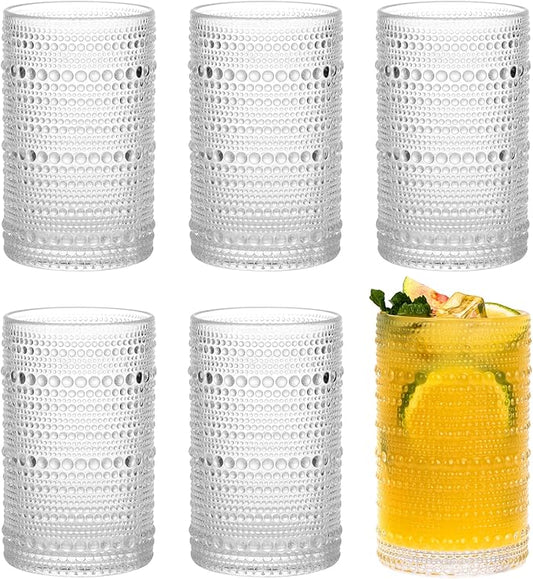 Moretoes Hobnail Drinking Glasses Set of 6,12 Oz Highball Glasses Clear Embossed Boho Water Glass Cups Kitchen Bar Tumbler Glassware Set for Whiskey, Beer, Juice, Milk and Various Mixed Drinks (Clear)