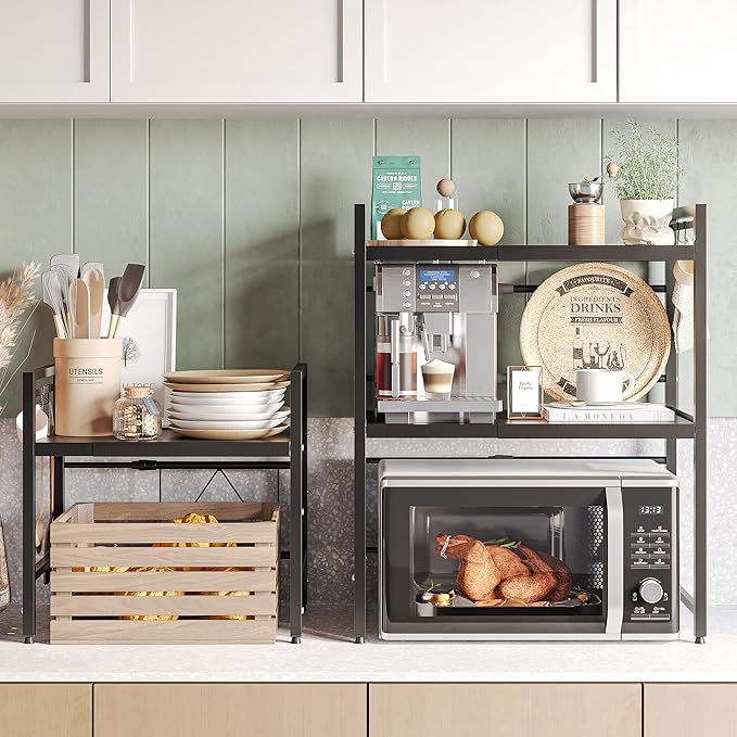 NETEL Expandable Microwave Stand,2 Tier Metal Kitchen Countertop Organizer Shelves with 8 Hooks,Bakers Rack,Microwave Shelf,Microwave Oven Rack,55lbs Weight Capacity