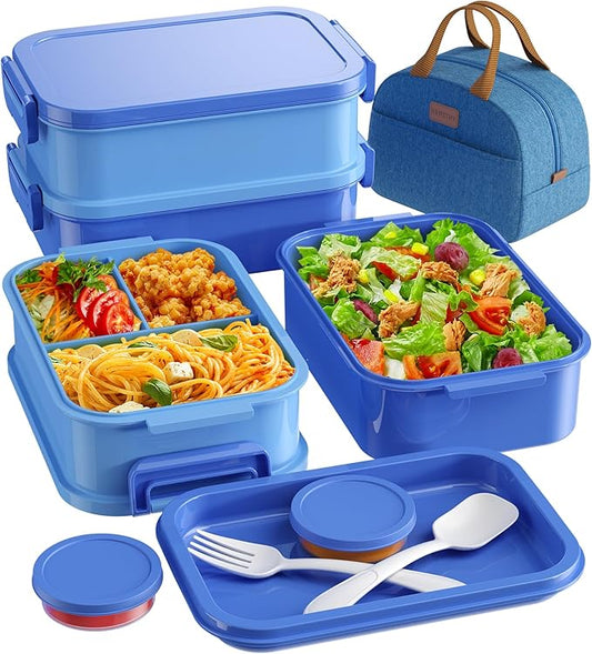 Adults Bento Lunch Box Set with Thermo Bag, 74oz Stackable Leak-proof 3-tiers Bento Box, Built-in Utensil and Sauce Container for Work, School, Dining Out (Blue)