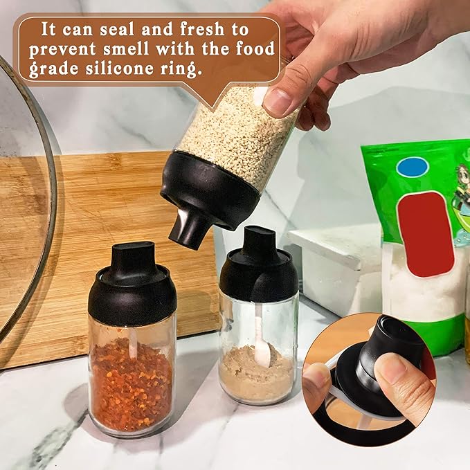 Supkiir Spice Containers Glass, 3Pcs Kitchen Glass Condiment Containers with Lids 8 oz Spice Jars, Small Spoons for Spice Jars Moisture-Proof Seasonings Container Set for Storage Spices