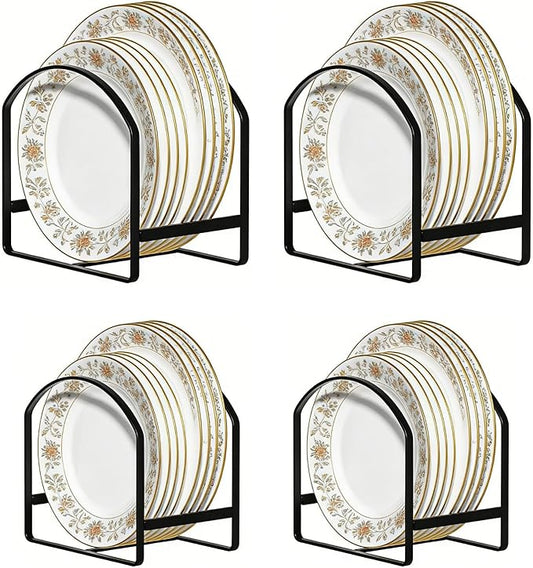 4 Pack Kitchen Plate Holder Organizer for Cabinet Space Saver Dinner Dish Plate Storage Rack Upright Dish Drying Racks Metal Dish Racks Stand for Cupboard and Countertop 2 Large 2 Small Black
