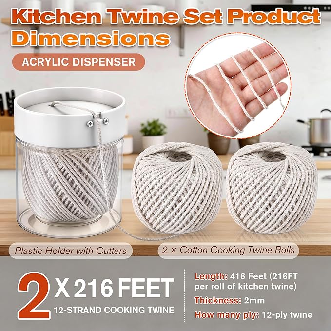 Kitchen Twine with Acrylic Twine Dispenser, 2 Pack 216FT Cooking Twines (2MM Natural Cotton), Food Safe Butchers Twines for Meat Cooking, Baking, Crafts, Gift Wrapping & Kitchen String Storage