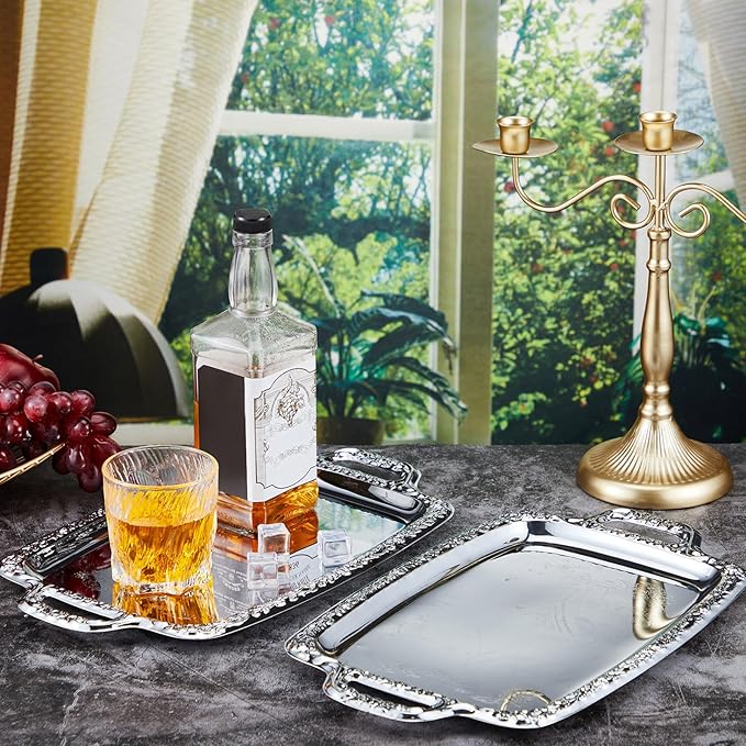 2 Pcs Silver Serving Tray Elegant Floral Metal Plate Silver Platter for Buffet Wedding Party Jewelry Decorative (Oblong with Handle)